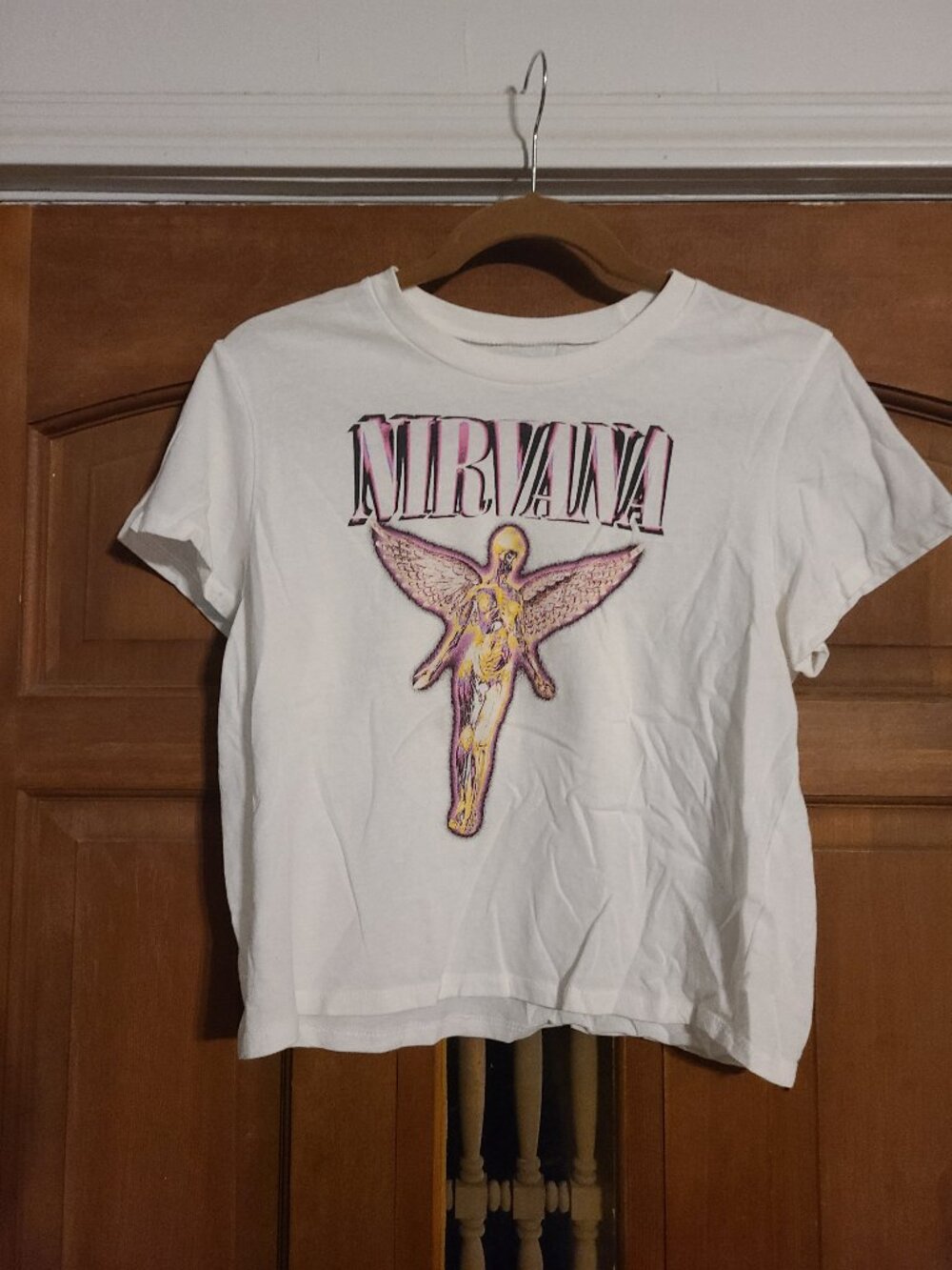 Nirvana Graphic T-Shirt Crop White Pink Angel Sz XL Worn Once